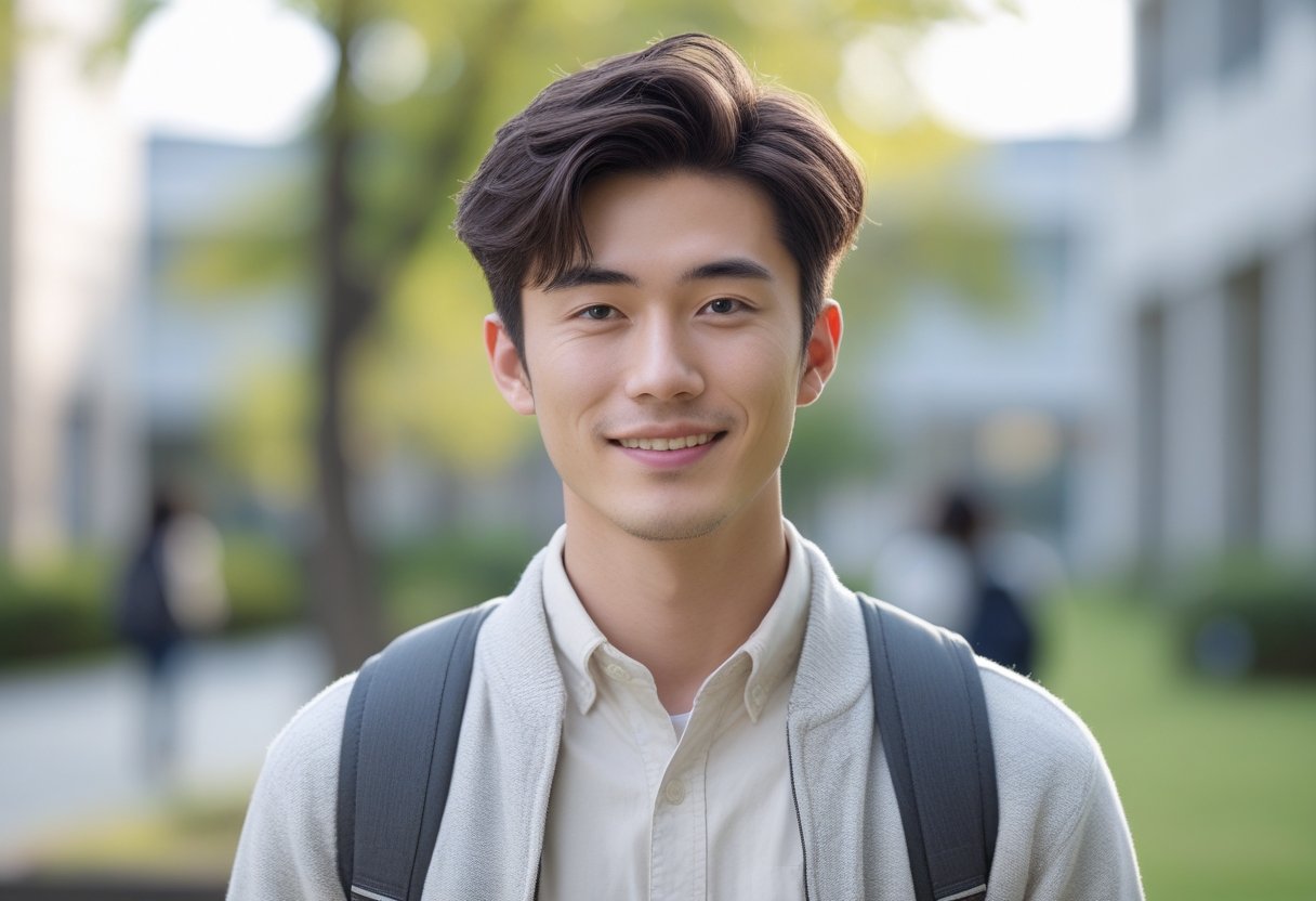 大学生ヘアスタイルメンズ:2025年春のトレンドと簡単セットのポイント 1 大学のキャンパスで笑顔の若い男性学生が立っている。