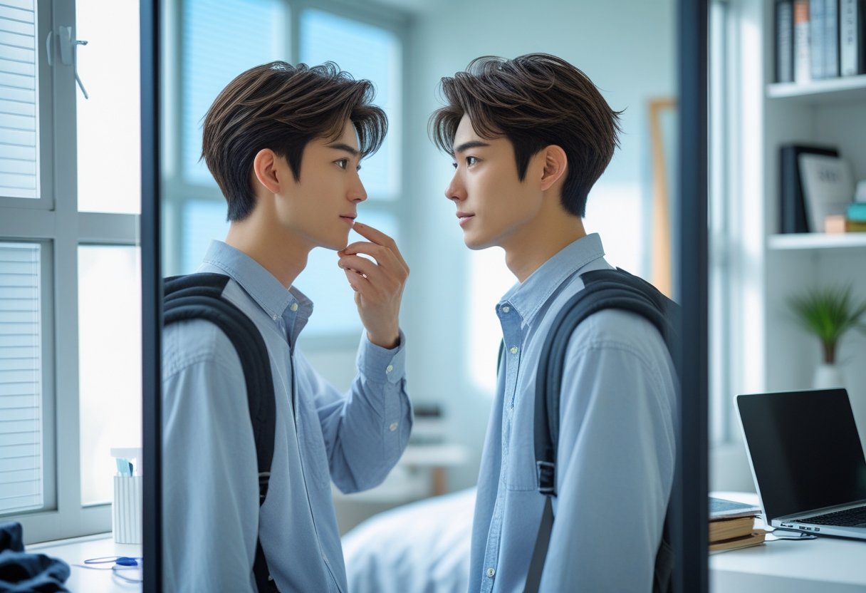 大学生ヘアスタイルメンズ:2025年春のトレンドと簡単セットのポイント 2 大学生の男性が鏡の前で髪型を選んでいる場面