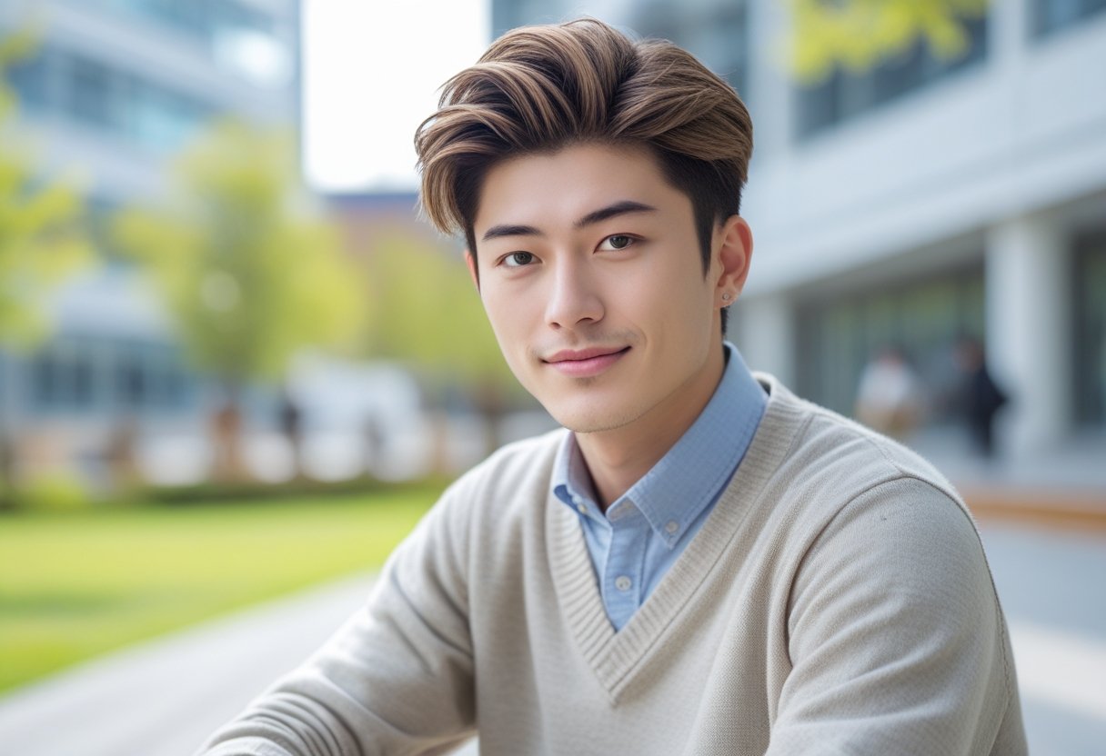 大学生ヘアスタイルメンズ:2025年春のトレンドと簡単セットのポイント 3 若い日本人の男性大学生がキャンパスで立っている写真