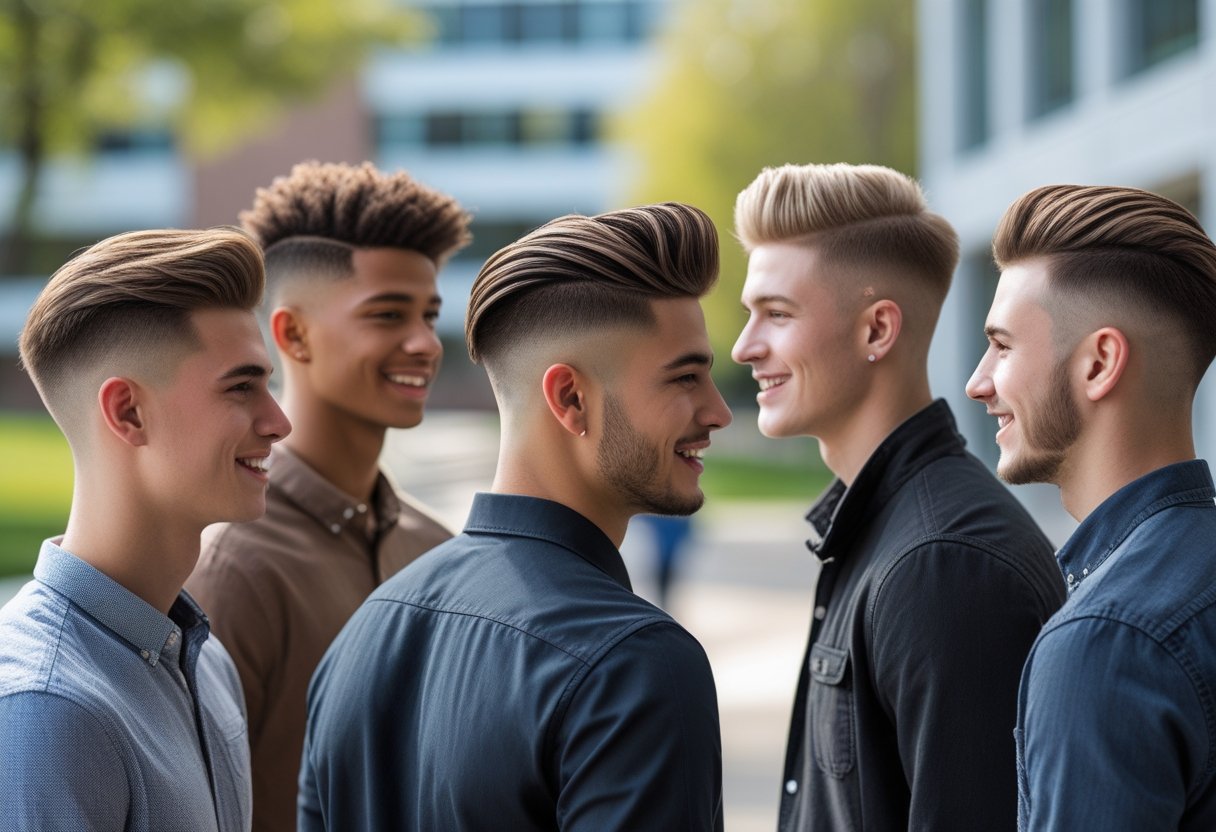 大学生ヘアスタイルメンズ:2025年春のトレンドと簡単セットのポイント 4 大学生の男性たちが屋外でさまざまな髪型をしている様子。