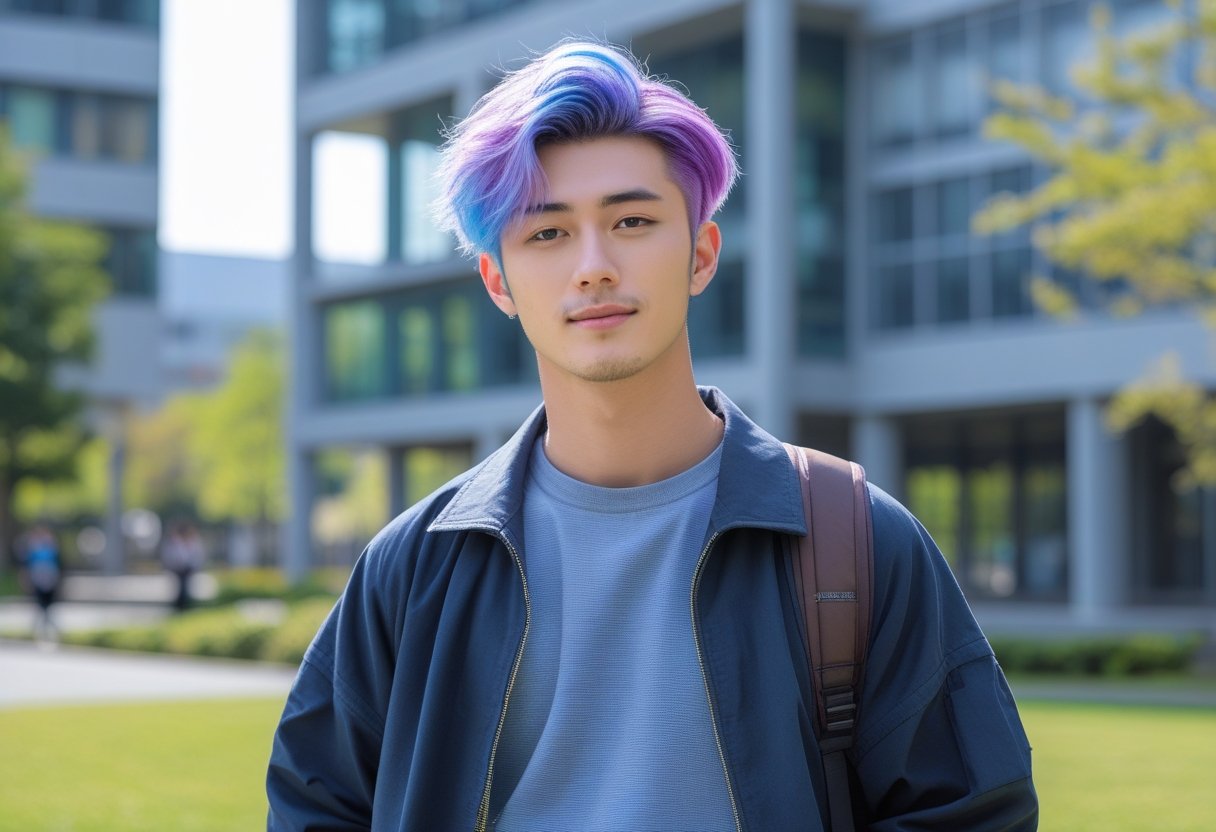 大学生ヘアスタイルメンズ:2025年春のトレンドと簡単セットのポイント 6 大学のキャンパスでカラフルな髪色の男性学生が立っている。