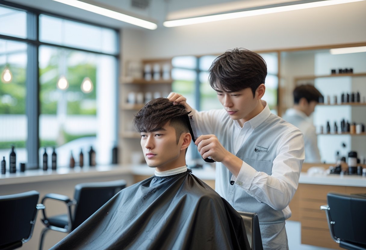 大学生ヘアスタイルメンズ:2025年春のトレンドと簡単セットのポイント 7 若い日本人の大学生が理髪店でヘアカットとスタイリングを受けている様子。