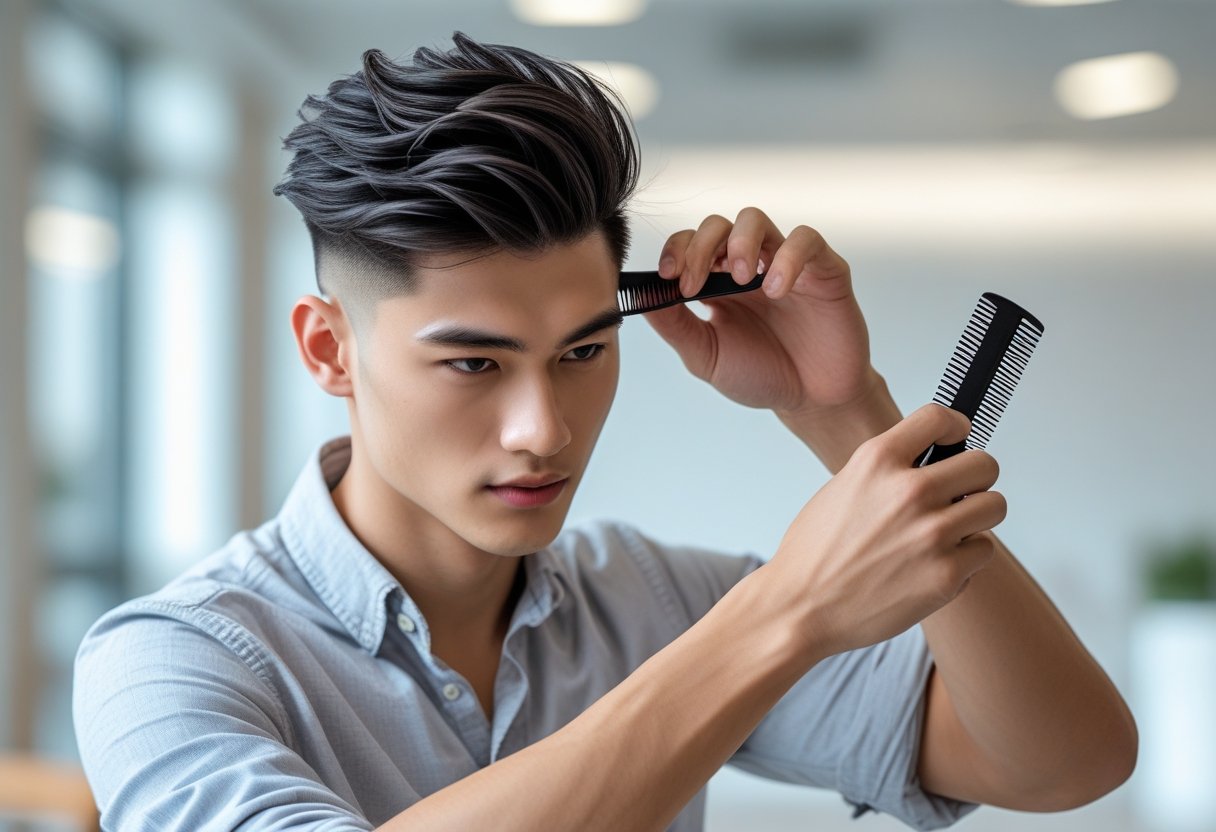 大学生ヘアスタイルメンズ:2025年春のトレンドと簡単セットのポイント 8 大学生の男性が室内で髪をセットしている様子。
