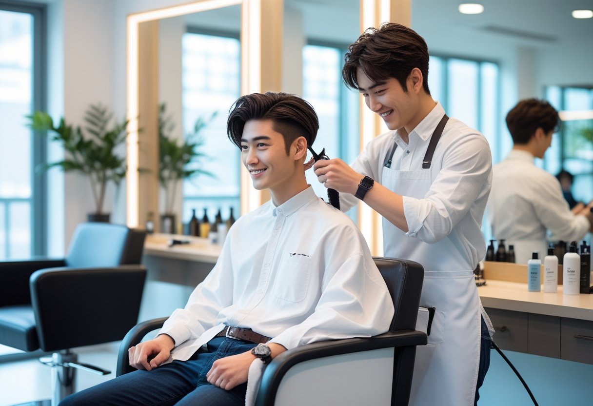 大学生ヘアスタイルメンズ:2025年春のトレンドと簡単セットのポイント 9 大学生の男性がメンズサロンで髪を整えてもらっている様子。