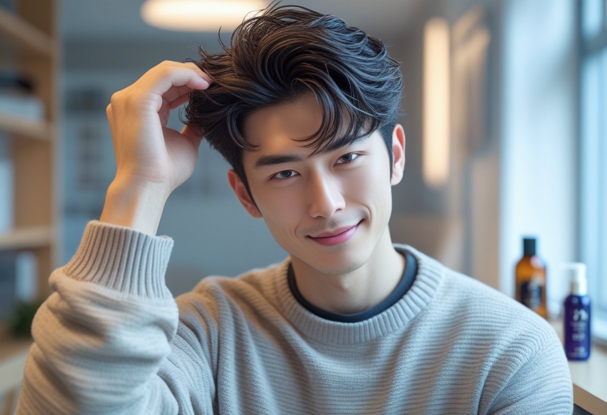 大学生ヘアスタイルメンズ:2025年春のトレンドと簡単セットのポイント 10 髪の手入れをしている若い日本人の大学生の男性が室内で髪を触っている。