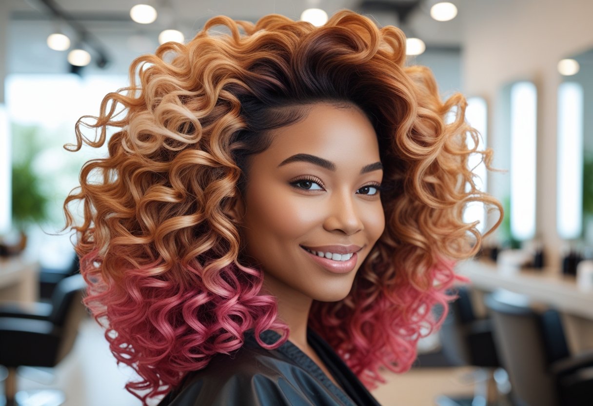 髪が多いヘアスタイル:ボリューム活かす最新カット術と扱いやすいアレンジ法 6 髪が多くてカールした髪型の人が美容室で微笑んでいる。
