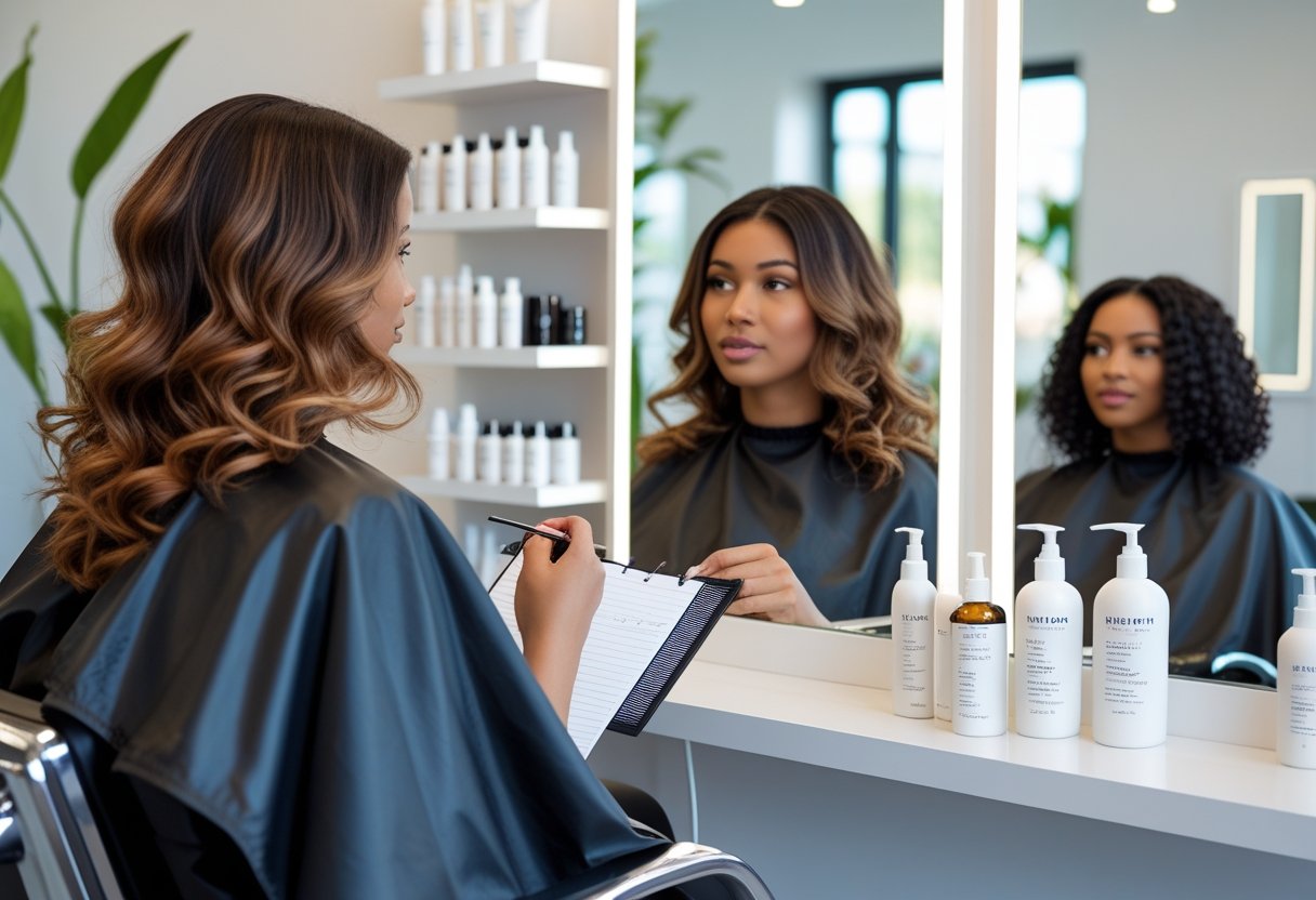 髪が多いヘアスタイル:ボリューム活かす最新カット術と扱いやすいアレンジ法 7 美容室で髪が多い女性客が美容師とカウンセリングしている様子