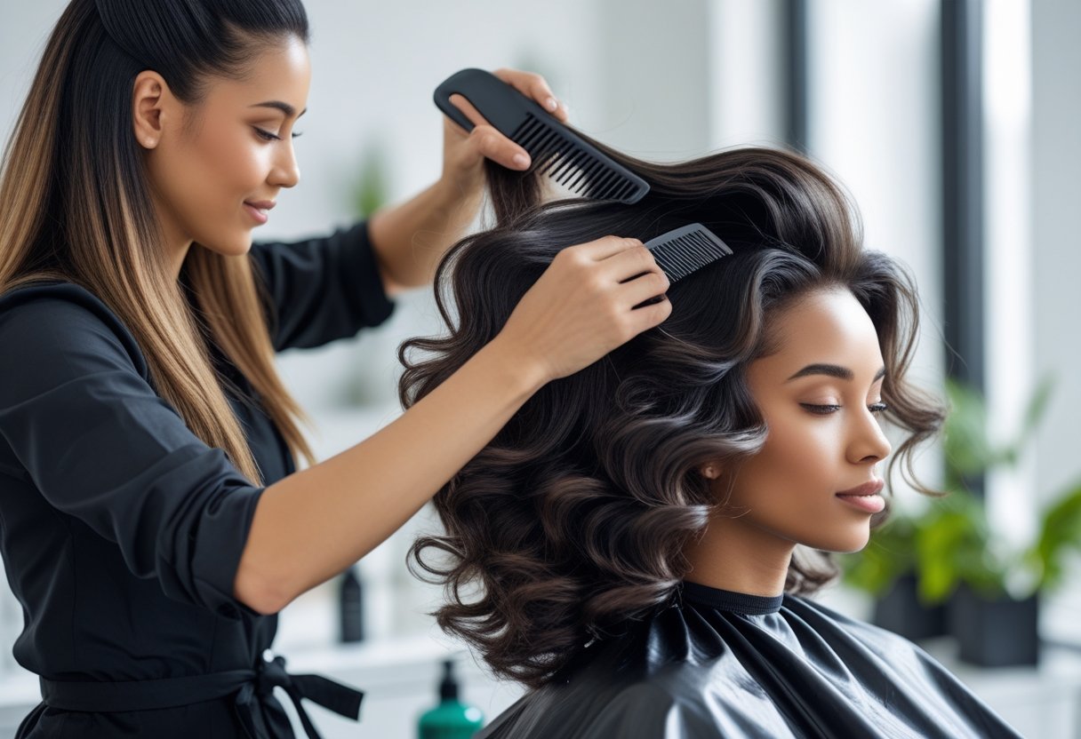 髪が多いヘアスタイル:ボリューム活かす最新カット術と扱いやすいアレンジ法 8 髪が多い人が美容師に髪の手入れをしてもらっている場面