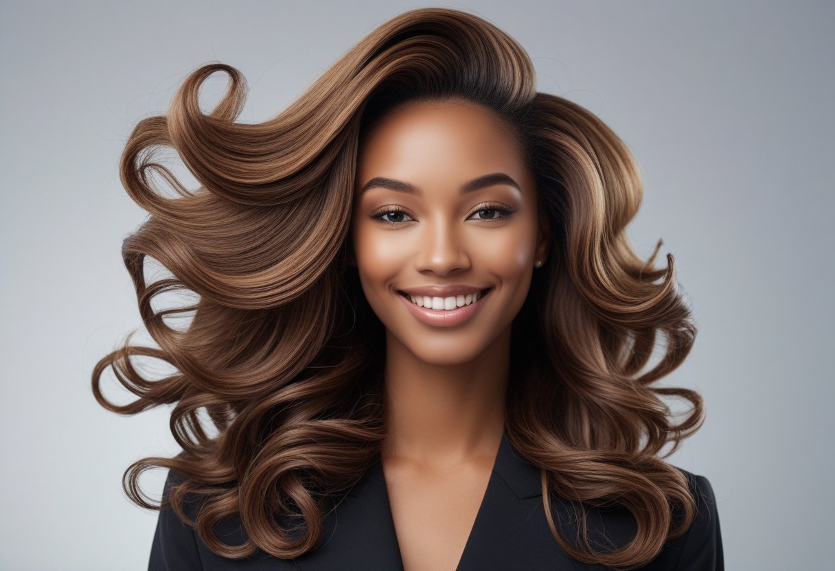 髪が多いヘアスタイル:ボリューム活かす最新カット術と扱いやすいアレンジ法 9 髪が多い人が笑顔で髪を見せている写真。