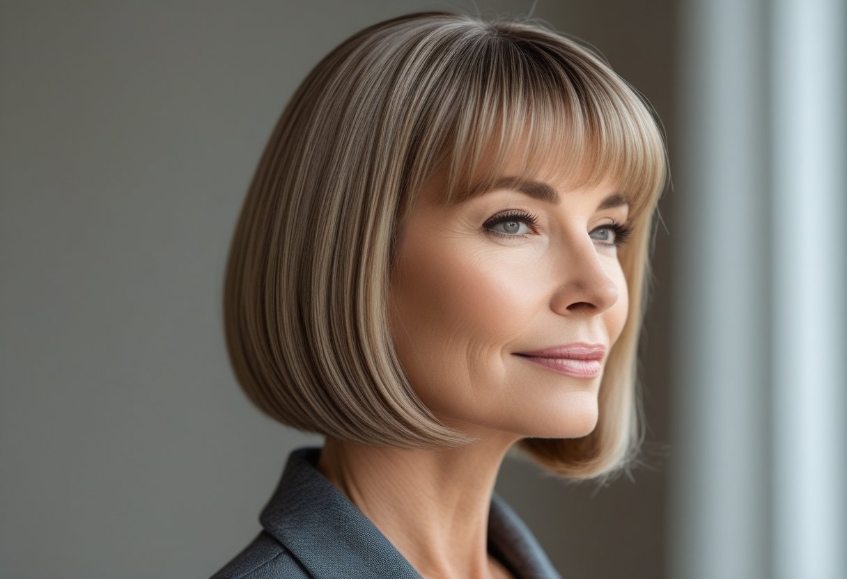 50代ヘアスタイルボブ定番:エレガントで簡単にスタイリングできる大人の髪型 2 50代の女性が室内で微笑んでいる写真