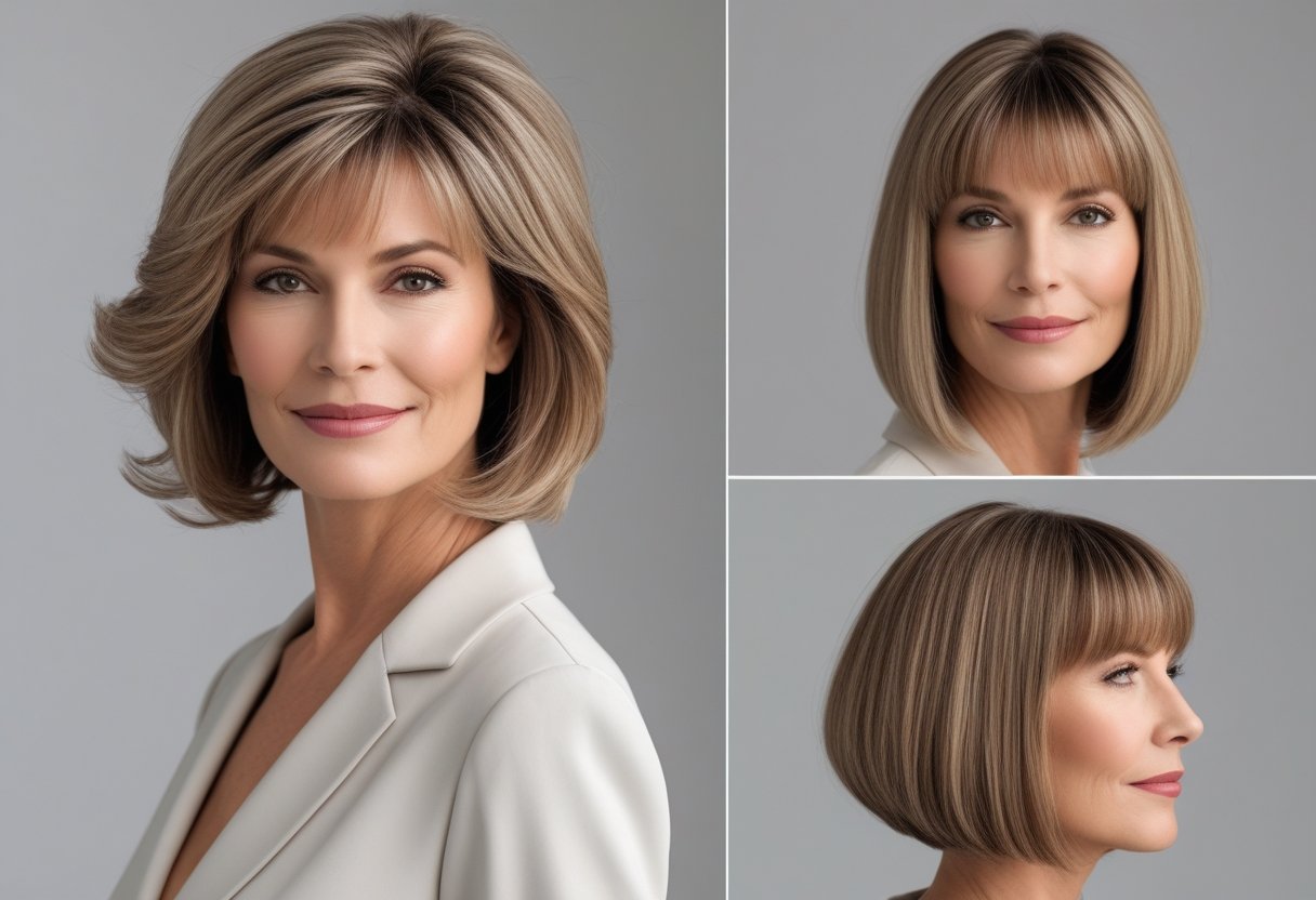 50代ヘアスタイルボブ定番:エレガントで簡単にスタイリングできる大人の髪型 4 50代の女性が前髪ありとなしのボブヘアスタイルを見せている写真