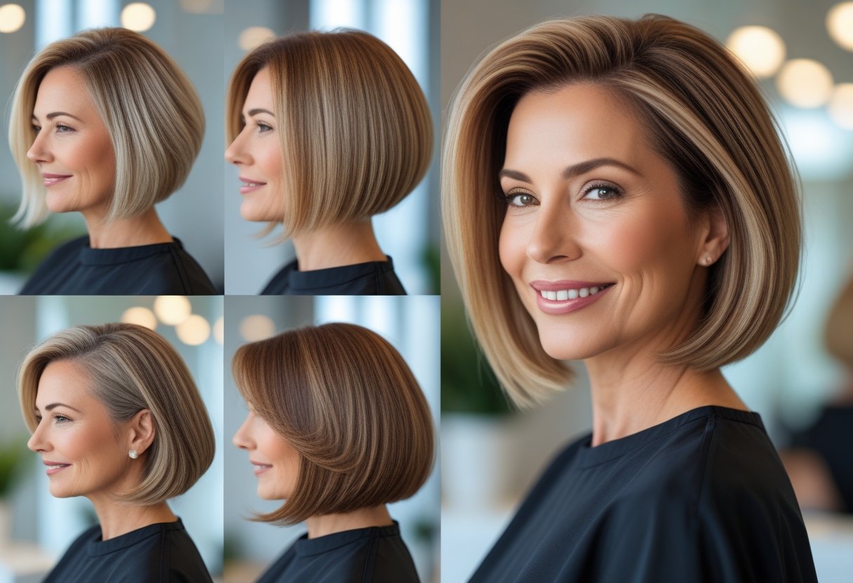 50代ヘアスタイルボブ定番:エレガントで簡単にスタイリングできる大人の髪型 5 50代の女性が室内で微笑んでいる姿