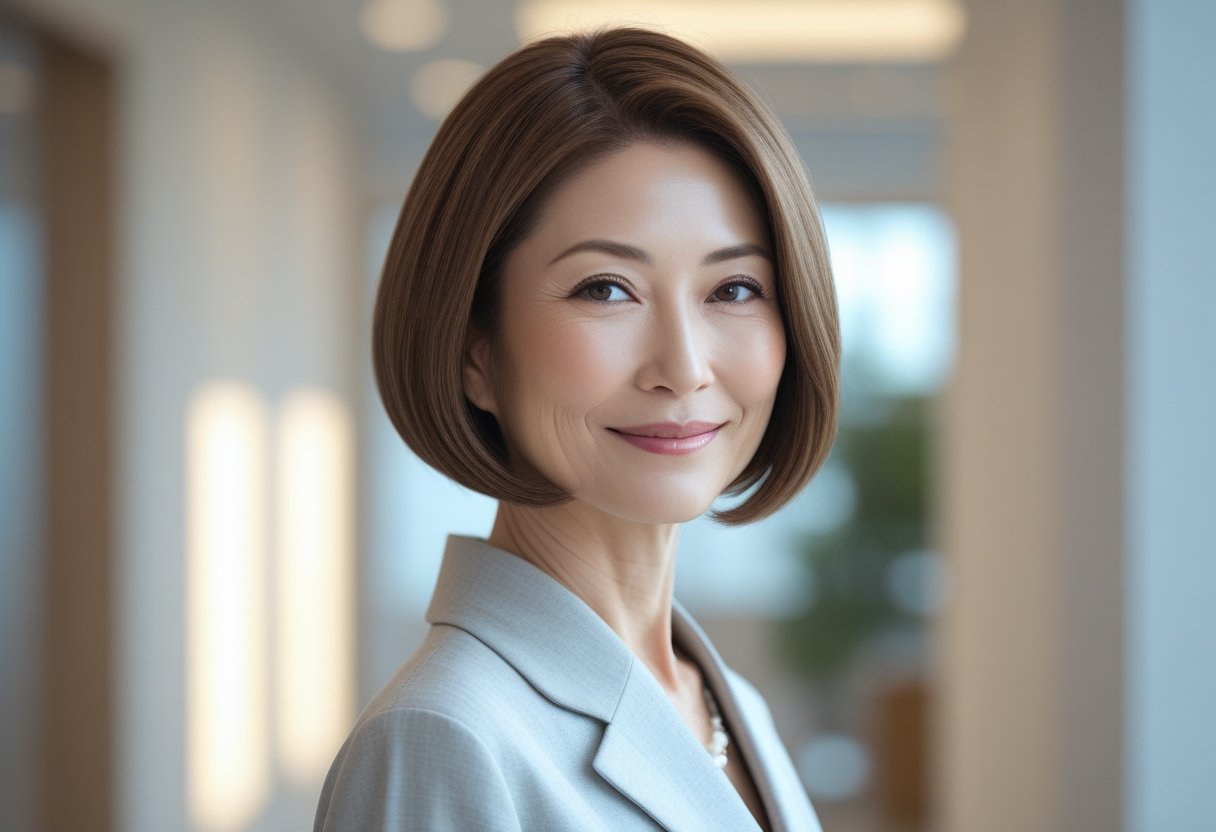 50代ヘアスタイルボブ定番:エレガントで簡単にスタイリングできる大人の髪型 6 50代の日本人女性が室内で微笑んでいる写真