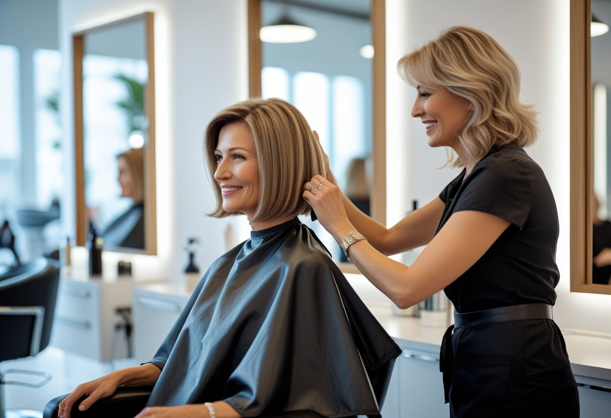 50代ヘアスタイルボブ定番:エレガントで簡単にスタイリングできる大人の髪型 9 50代の女性が美容室でボブヘアスタイルに整えてもらっている様子