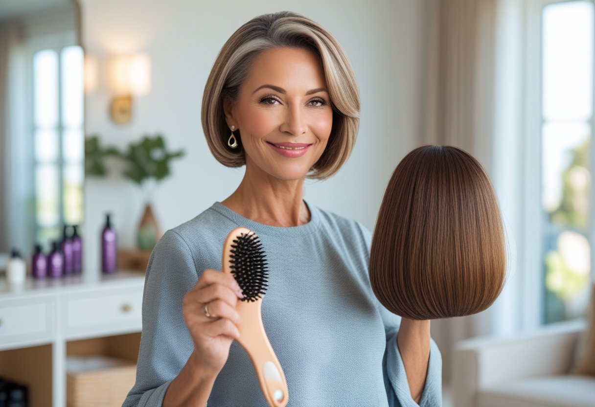 50代ヘアスタイルボブ定番:エレガントで簡単にスタイリングできる大人の髪型 10 50代の女性が自宅のリビングで髪を整えている様子
