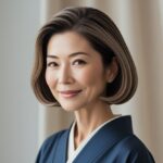 落ち着いた表情の中年の日本人女性が髪型を整えている様子。