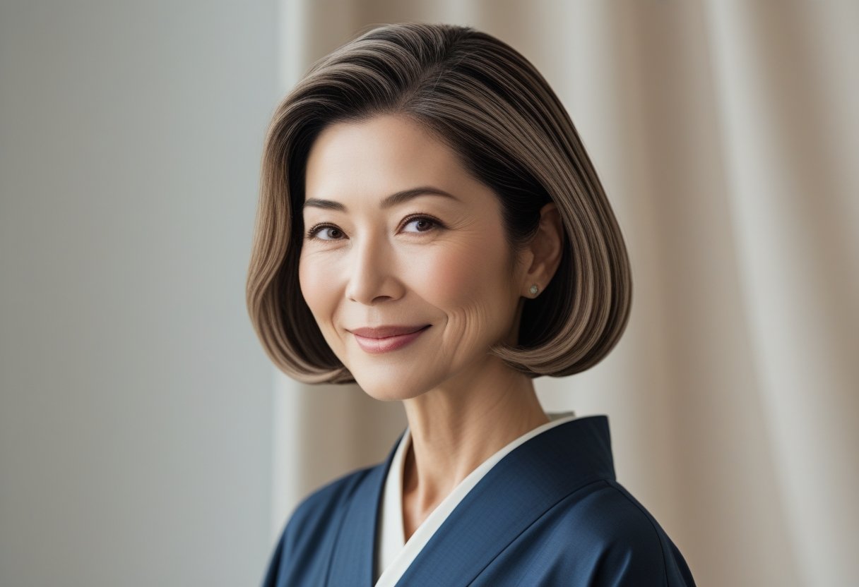 落ち着いた表情の中年の日本人女性が髪型を整えている様子。