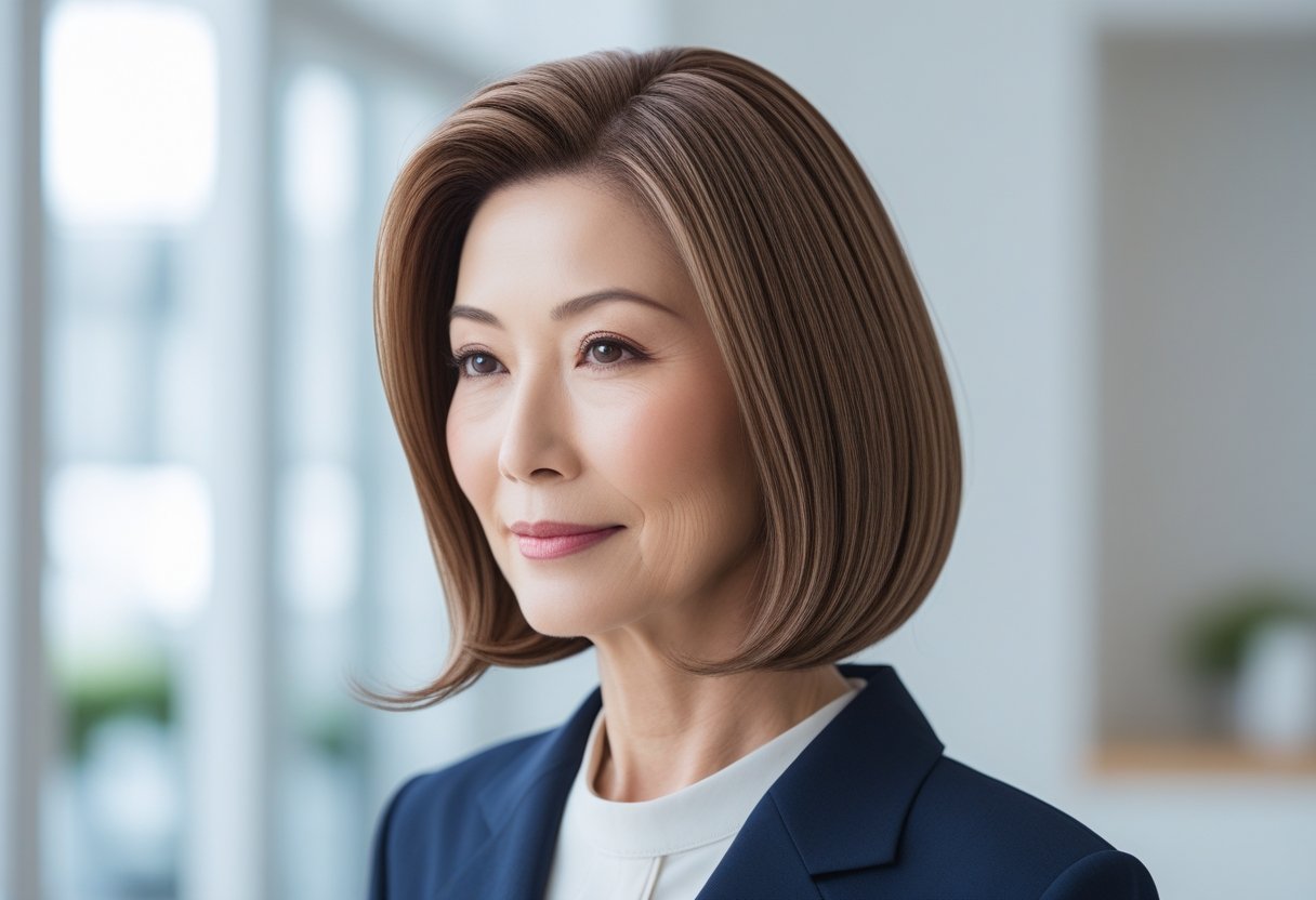 ヘアスタイル ミセス向け最新トレンドと若見えのコツ2025 3 明るい場所で微笑む中年の日本人女性の髪型の写真