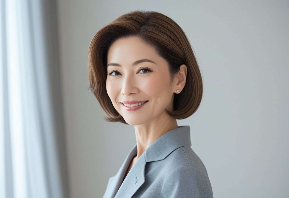 ヘアスタイル ミセス向け最新トレンドと若見えのコツ2025 4 明るいスタジオで微笑む中年の日本人女性の写真。