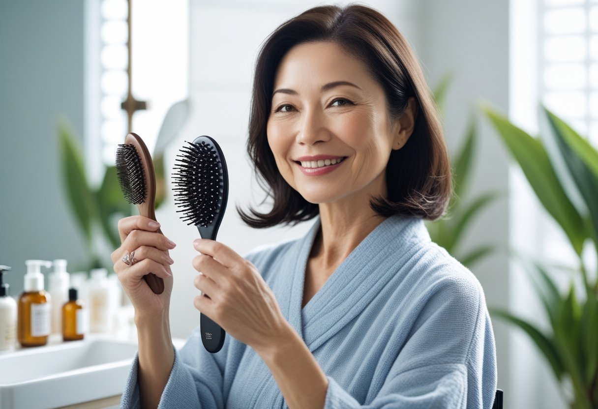 ヘアスタイル ミセス向け最新トレンドと若見えのコツ2025 5 中年の日本人女性が髪の手入れをしている様子。