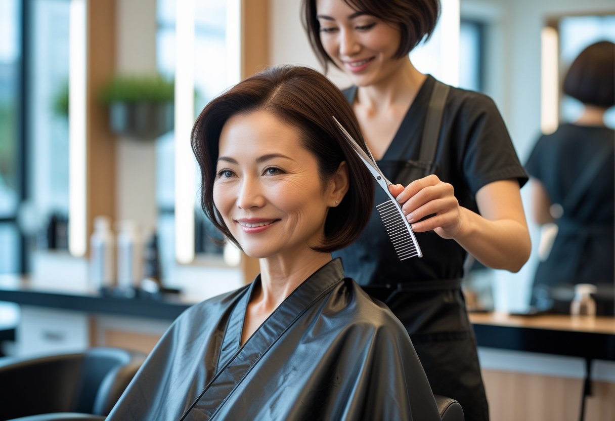 ヘアスタイル ミセス向け最新トレンドと若見えのコツ2025 7 美容室で髪を整えてもらっている中年の日本人女性の様子