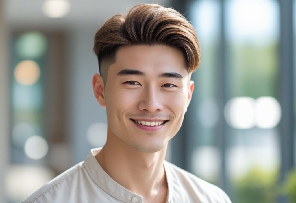 笑顔の若いアジア人男性が自然光の中で写っている写真。