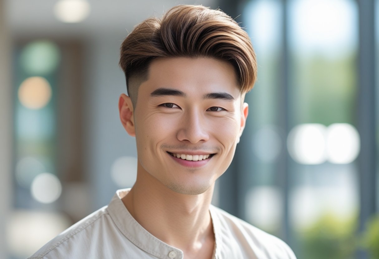 メンズ爽やかヘアスタイル 夏2025トレンドカタログ 2 笑顔の若いアジア人男性が自然光の中で写っている写真。