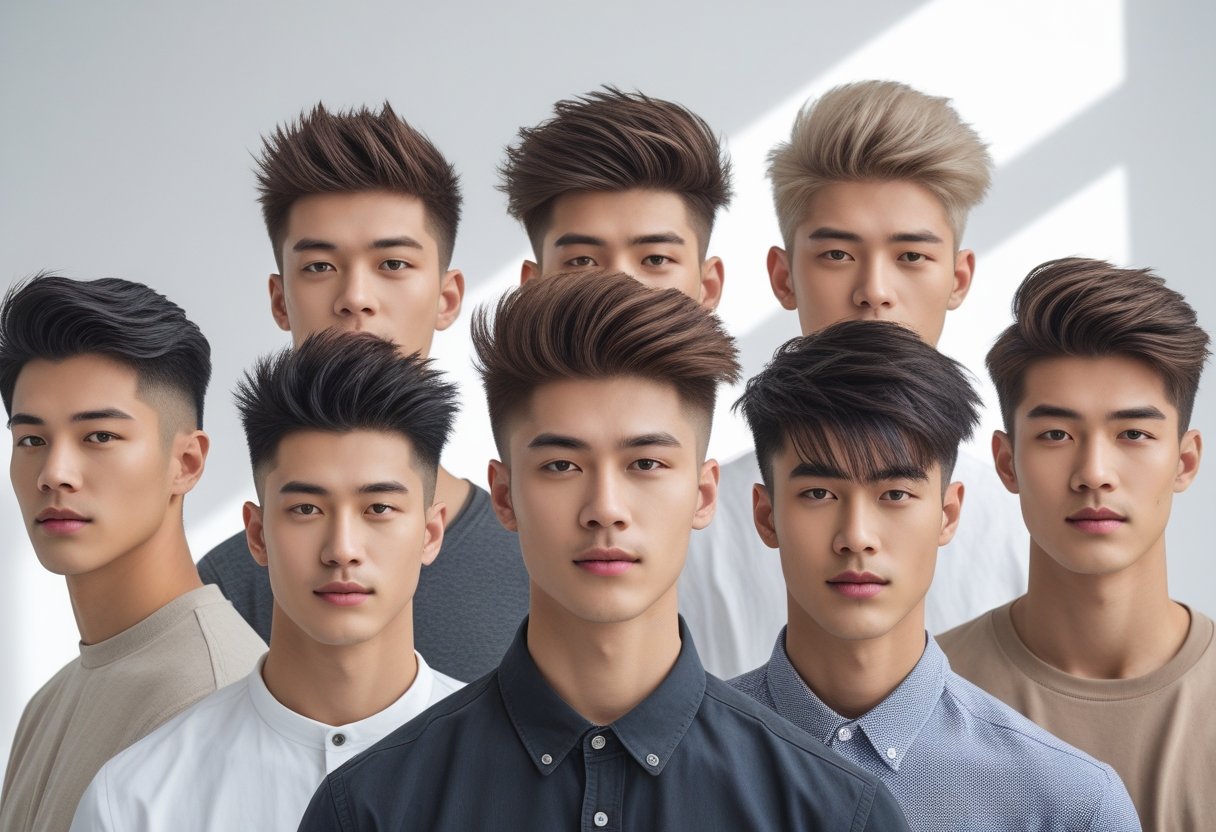 メンズ爽やかヘアスタイル 夏2025トレンドカタログ 3 複数の若い男性が明るいスタジオで様々な髪型を見せている様子。