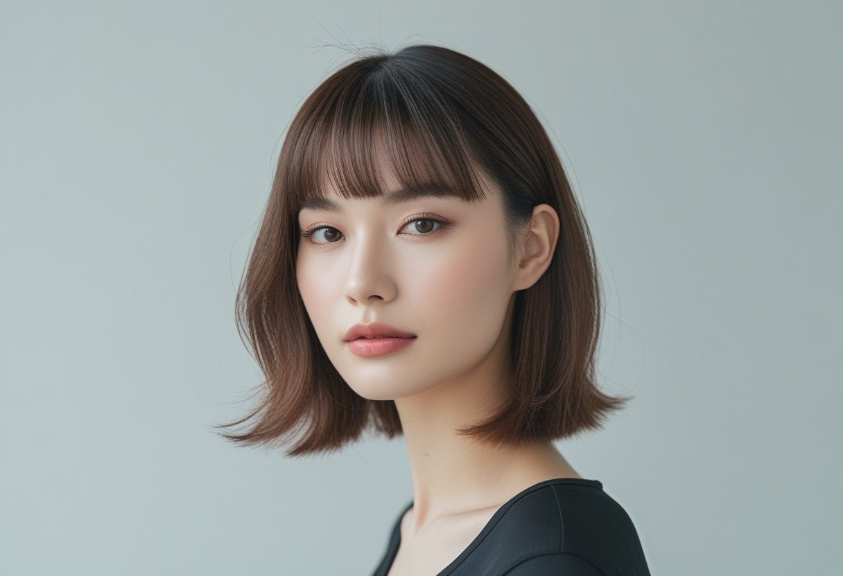 ヘア スタイル 面 長 ミディアム:小顔効果を生む最新のカットとアレンジ法 4 前髪をアレンジしたミディアムヘアの女性が写っている。