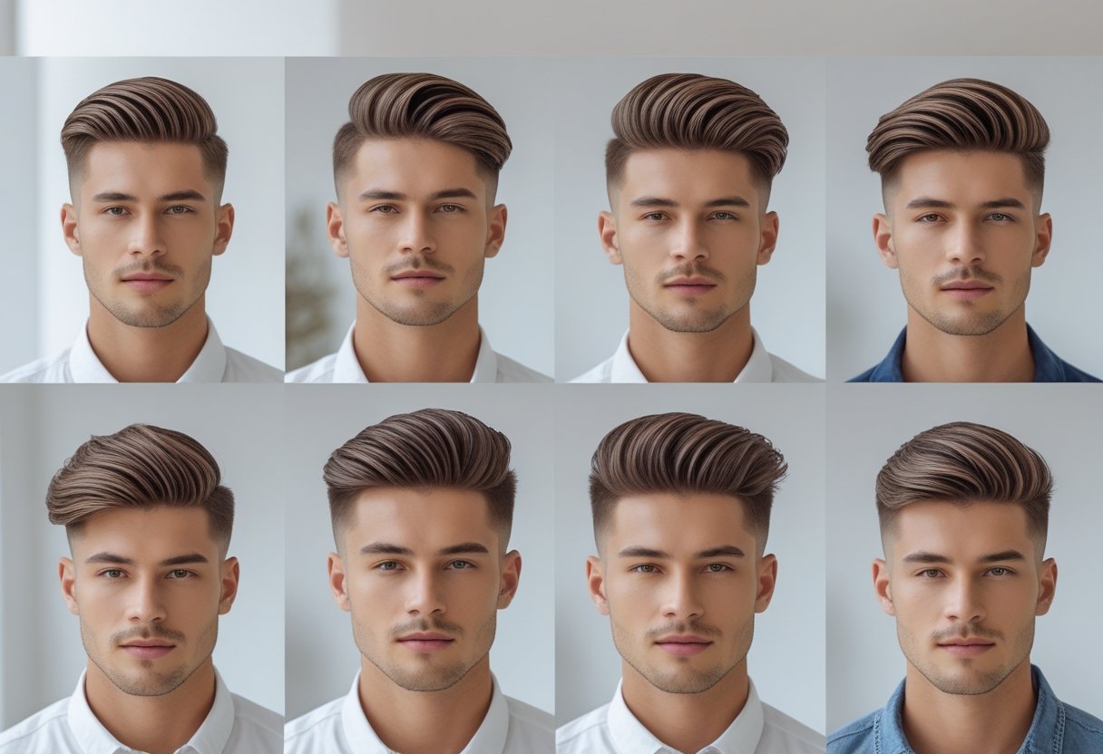 メンズ爽やかヘアスタイル 夏2025トレンドカタログ 4 さまざまな長さの髪型をした男性たちが明るい場所で並んでいる写真。