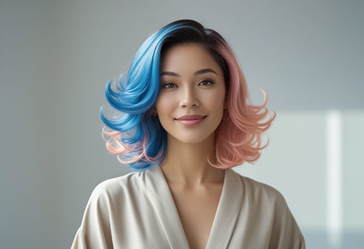 ヘア スタイル 面 長 ミディアム:小顔効果を生む最新のカットとアレンジ法 5 ミディアムヘアの女性が明るいスタジオでリラックスしている。