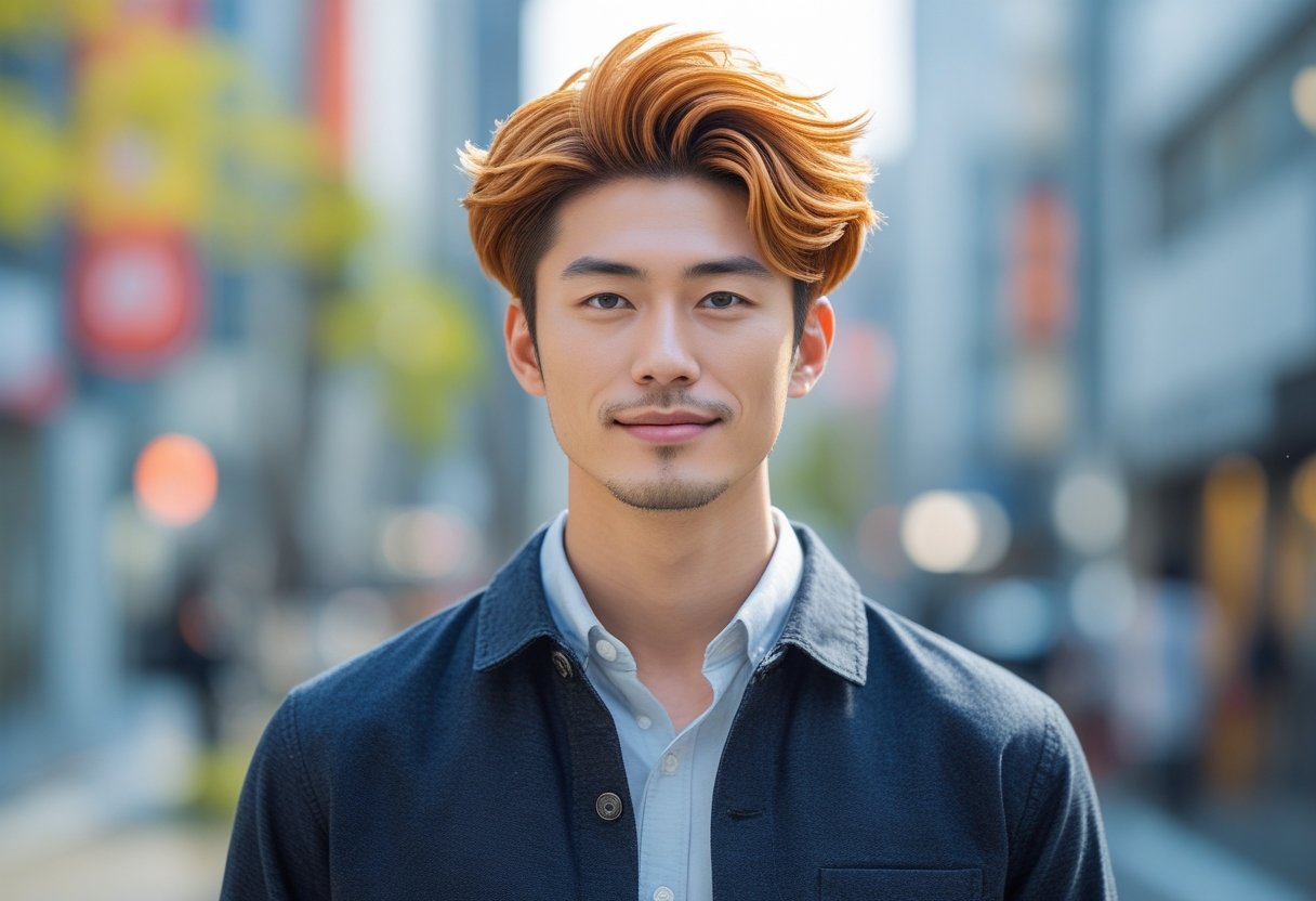 メンズ爽やかヘアスタイル 夏2025トレンドカタログ 5 若い日本人男性が都会の背景で爽やかな表情をしている写真