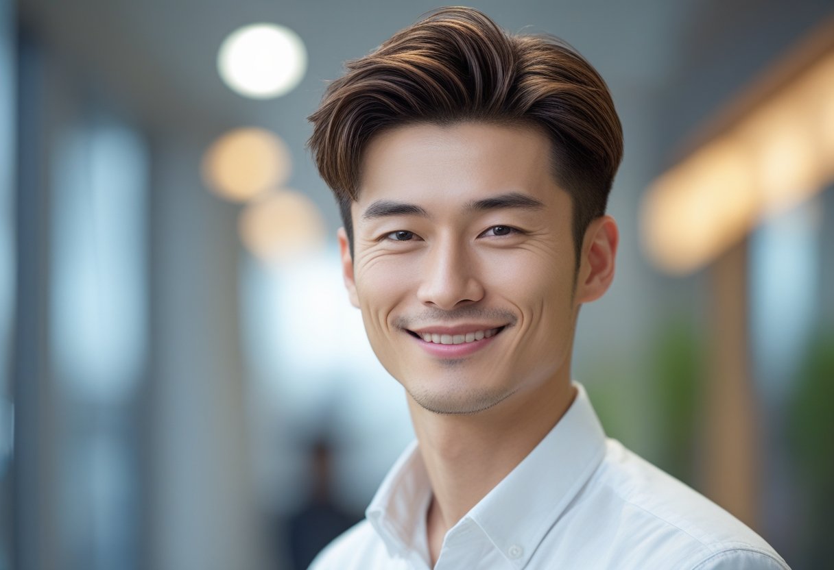 メンズ爽やかヘアスタイル 夏2025トレンドカタログ 6 爽やかな表情の若い日本人男性が写っている写真。