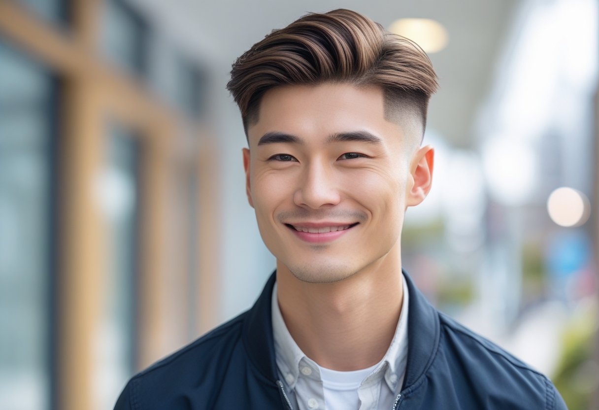 メンズ爽やかヘアスタイル 夏2025トレンドカタログ 7 若い男性が明るい屋外で笑顔を見せて立っている。