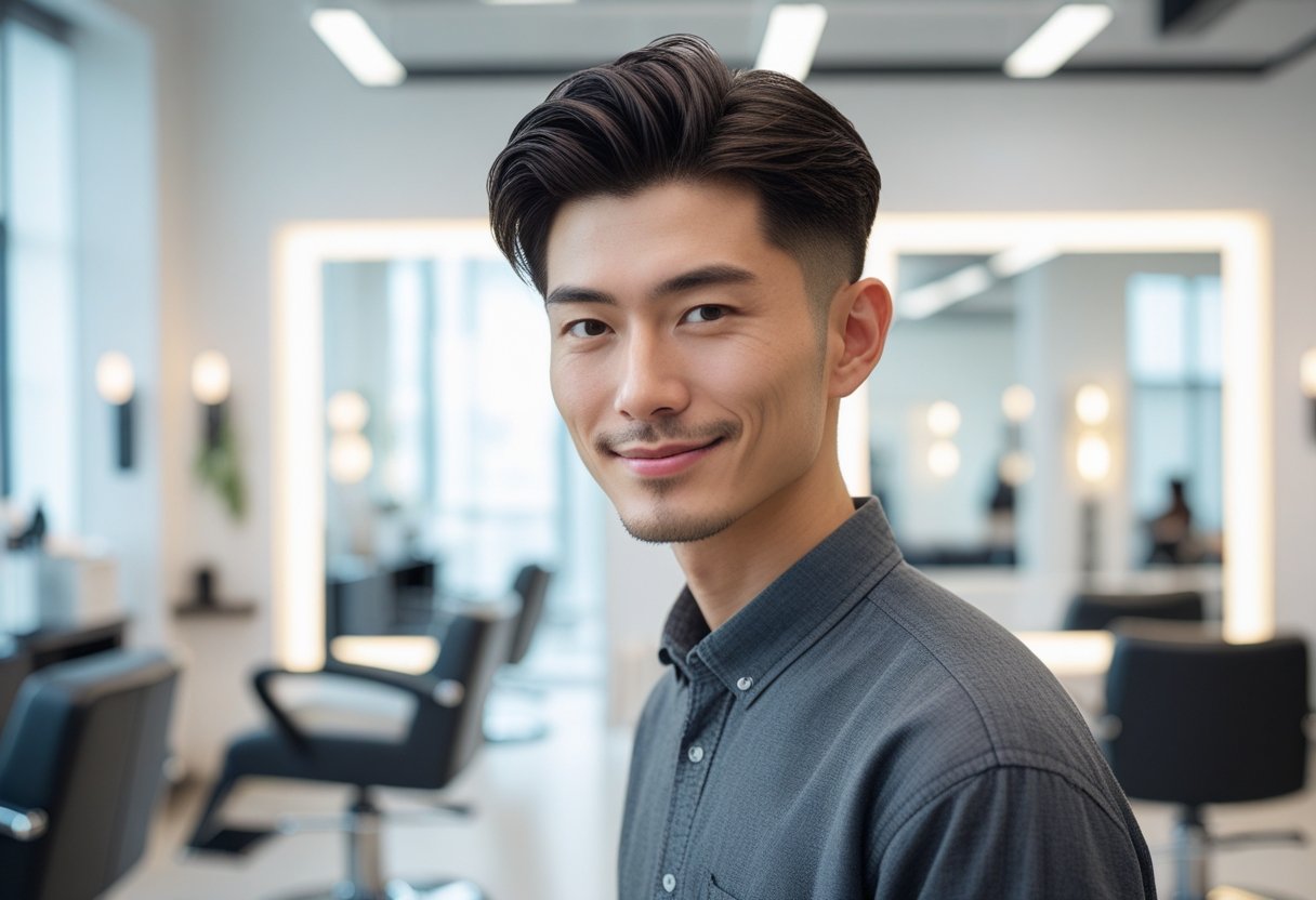 メンズ爽やかヘアスタイル 夏2025トレンドカタログ 8 サロンで髪を整えた若い男性が笑顔で座っている。