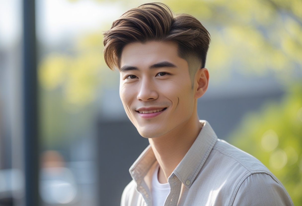 メンズ爽やかヘアスタイル 夏2025トレンドカタログ 9 屋外で微笑む若い男性の胸から上の写真