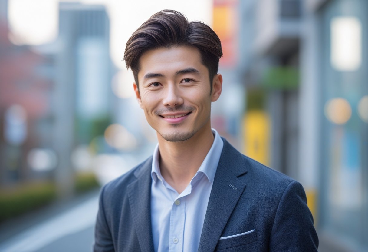メンズ爽やかヘアスタイル 夏2025トレンドカタログ 10 若い日本人男性が都会の背景の前で微笑んで立っている。