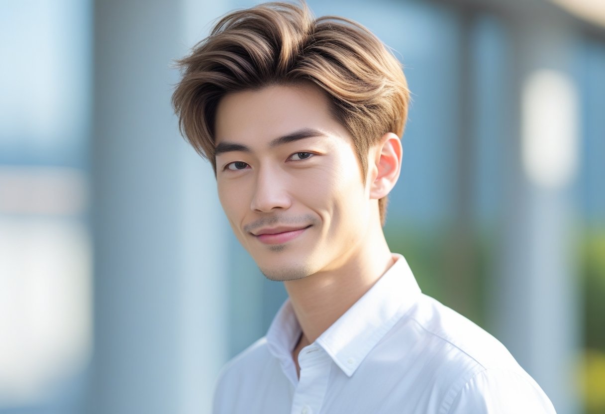 メンズ爽やかヘアスタイル 夏2025トレンドカタログ 1 若い日本人男性が明るい屋外で微笑んで立っている。