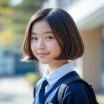 中学生が学校の屋外で制服を着て立っている。