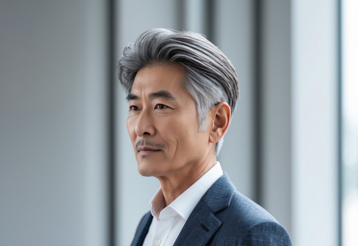 60代の日本人男性が整った髪型で立っている写真。