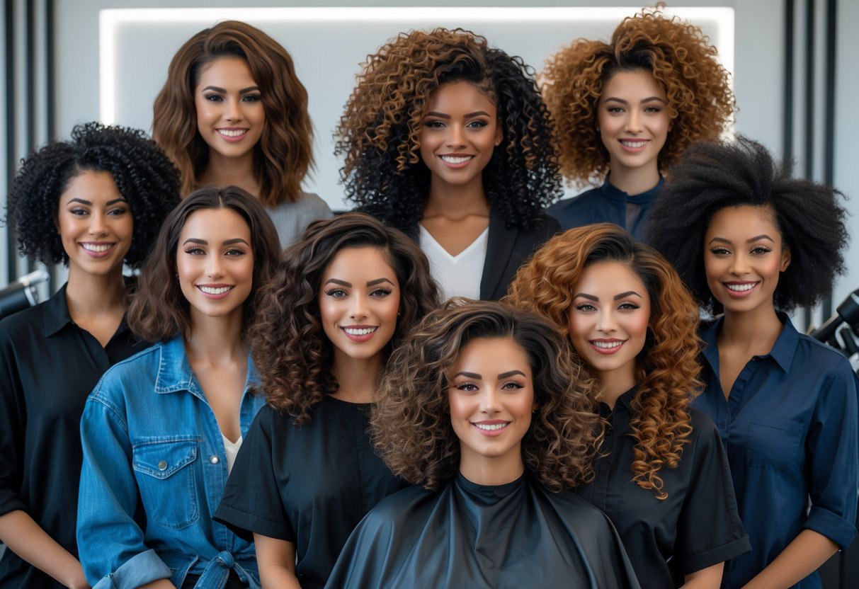 様々なパーマヘアスタイルの人々が美容室で笑顔で立っている写真
