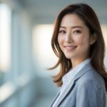 30代の日本人女性が微笑んで立っている写真。