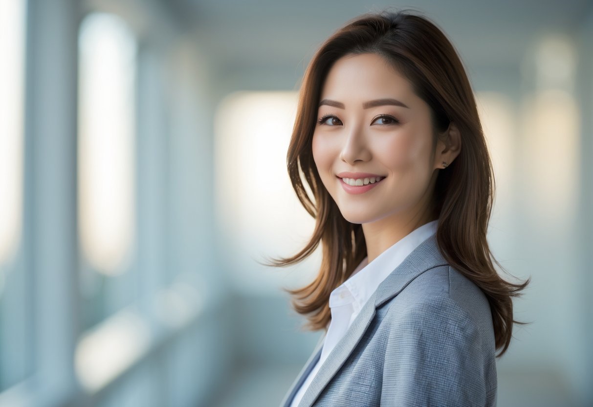 30代の日本人女性が微笑んで立っている写真。