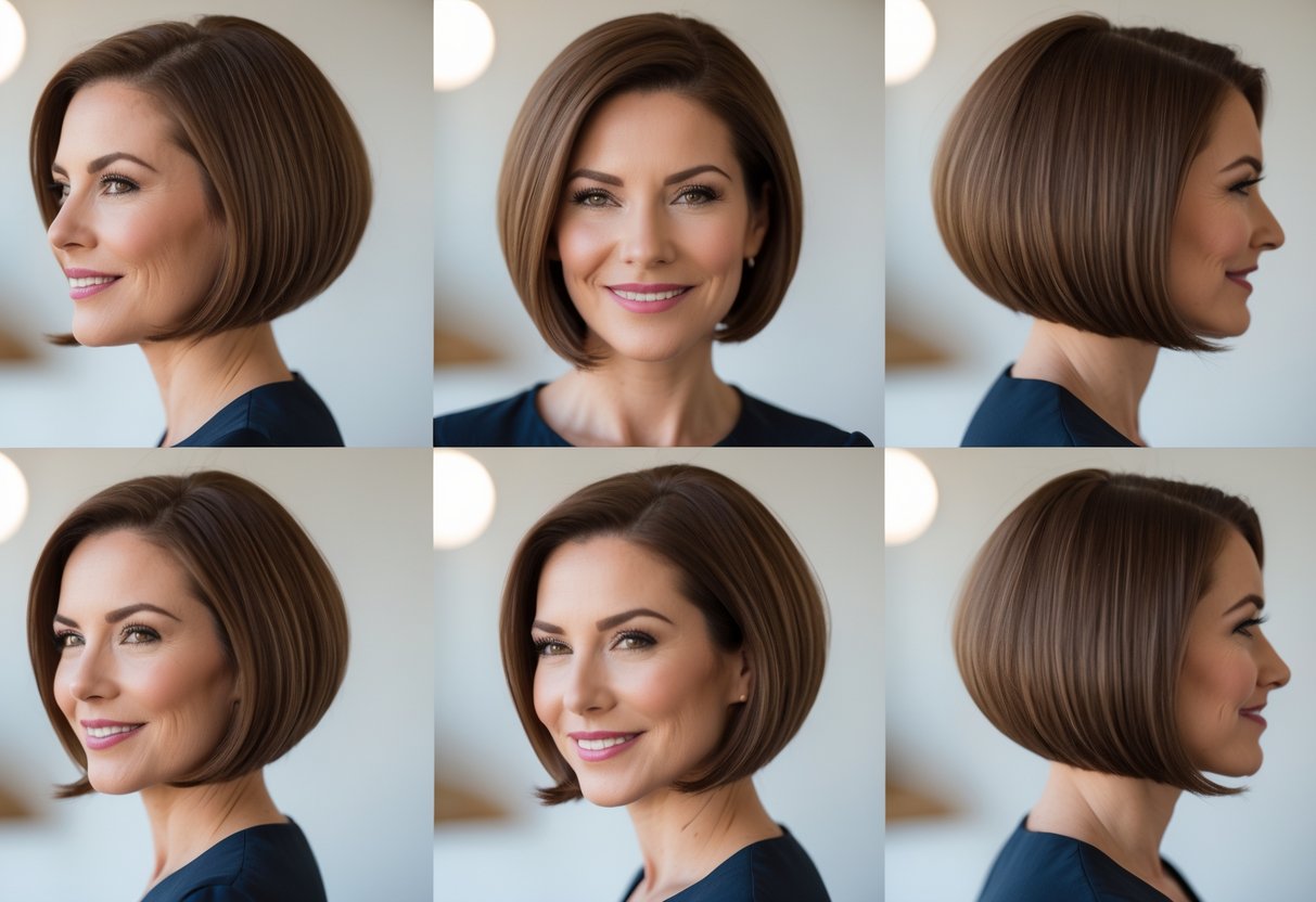 40代の女性がボブヘアスタイルで微笑んでいる写真。