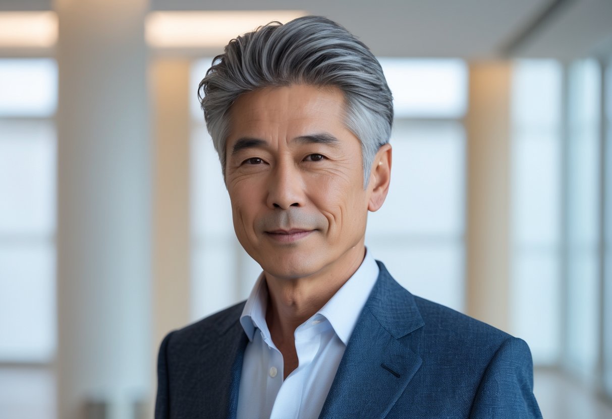 60代の日本人男性が室内で髪を整えている様子