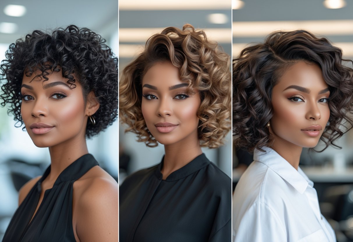 異なる長さのパーマヘアをした女性が並んでいる写真