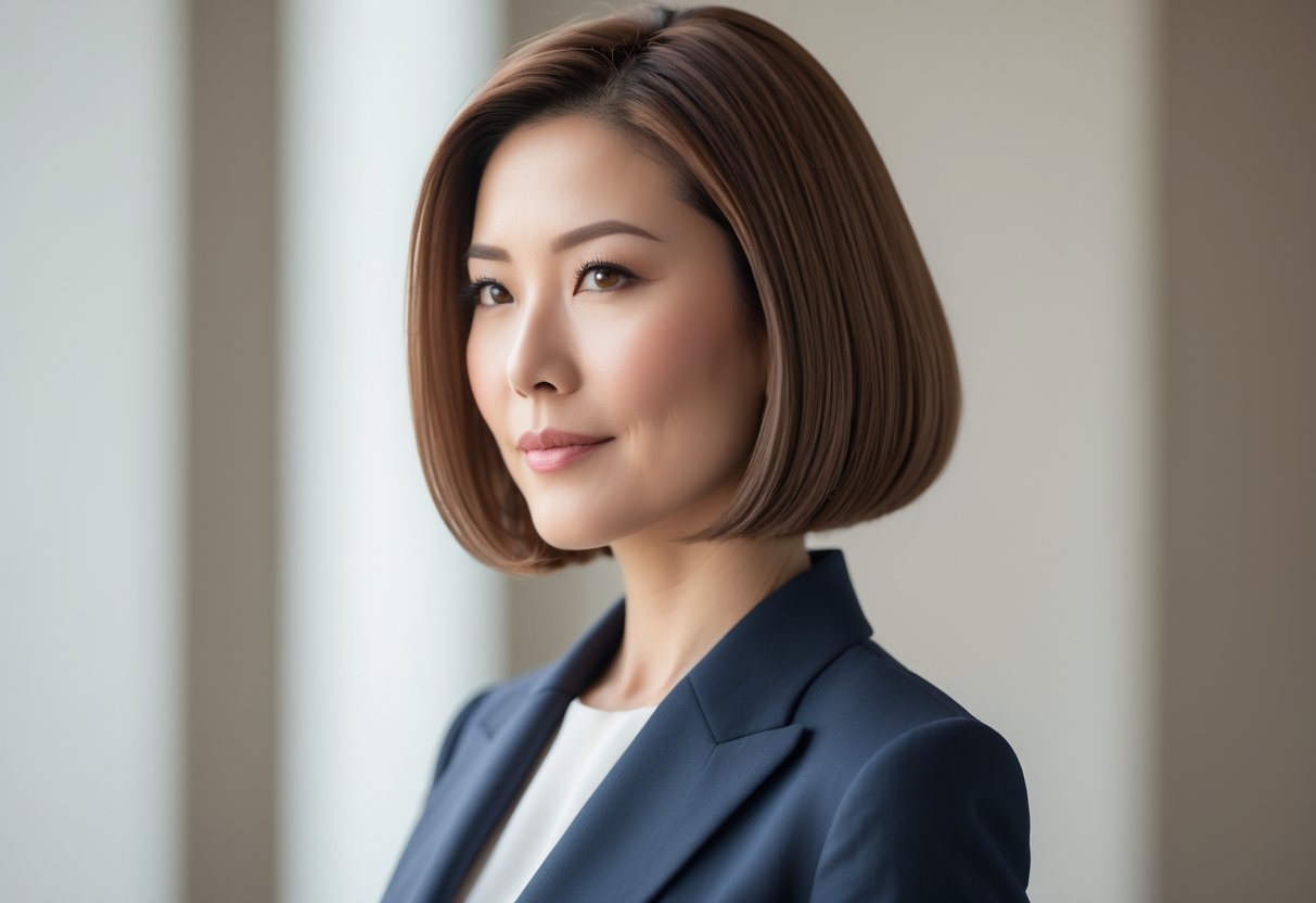 40代の日本人女性が落ち着いた背景の前で微笑んでいる写真
