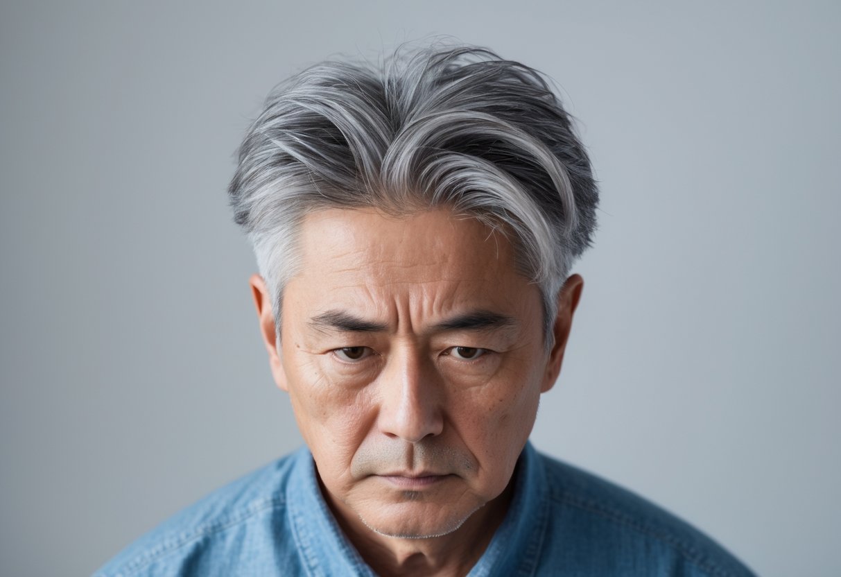 60代の日本人男性が髪型の失敗例を示している写真