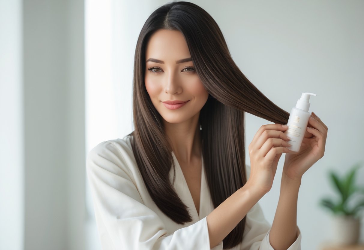 30代の女性がセミロングの髪にヘアケア製品を使っている場面