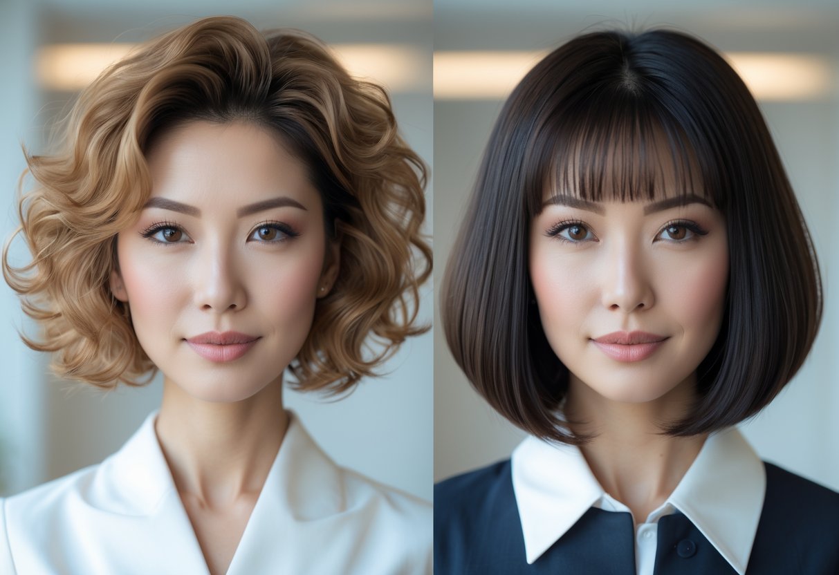 40代の日本人女性がパーマとストレートのボブヘアスタイルを見せている写真